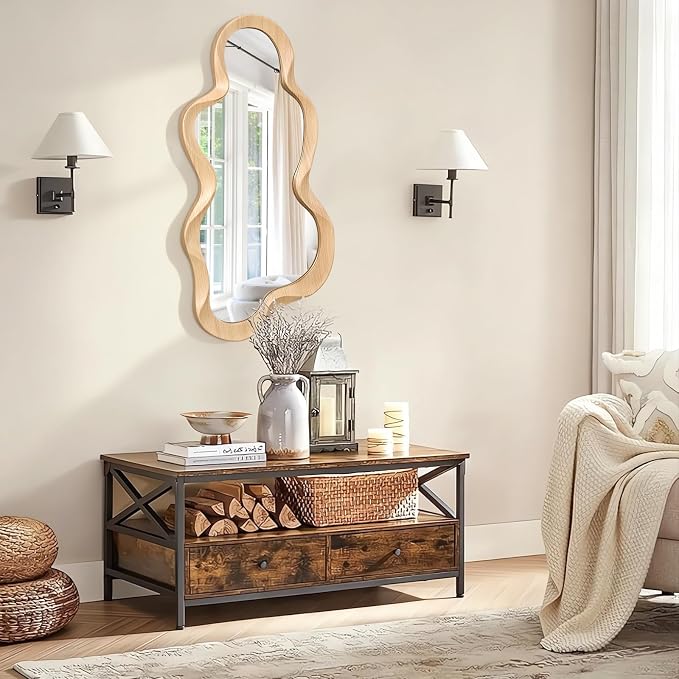 Asymmetrical Mirror for Wall Decor Modern Wooden Framed Irregular Mirrors Unique Shape Wall Mounted Vanity Artistic Wavy Mirror Decorative for Living Room Bedroom Bathroom Entryway 30"x14"