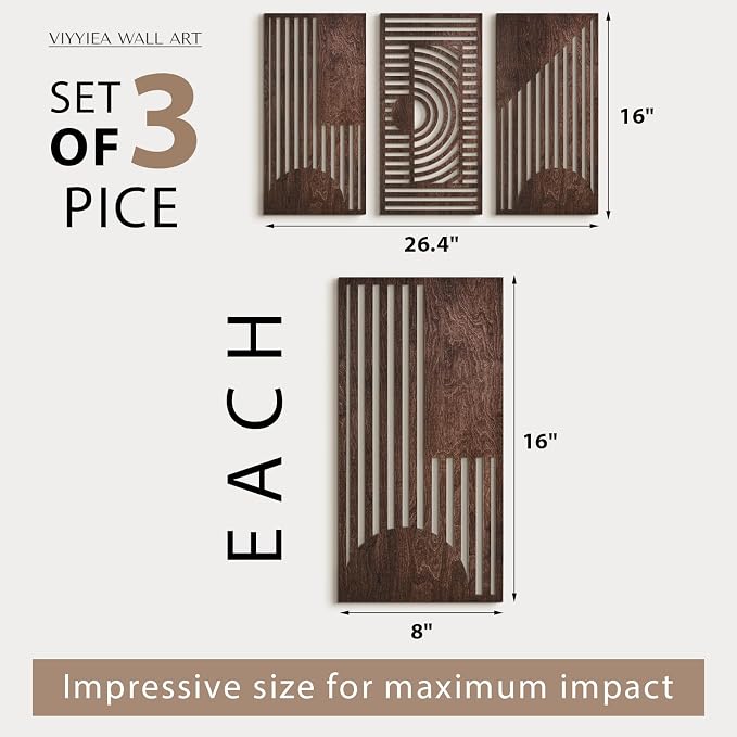 VIYYIEA Boho Solid Wood Carved Wall Art Set of 3, Geometric Minimalist Wooden Home Decor Panels, Handcrafted Solid Wood Wall Hanging for Living Room Bedroom Hallway, 16 x 8 Inch Each (Geometry I)