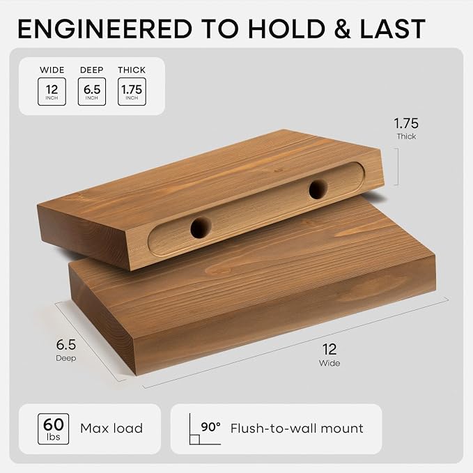 Homeforia 12 inch Golden Oak Floating Shelf, High End Solid Real Wood 12inch Small Floating Shelves for Wall Mounted, Oak Wooden 12in Floating Shelves, Heavy Duty Bracket, 12 X 6.5 X 1.75 in, Set of 4