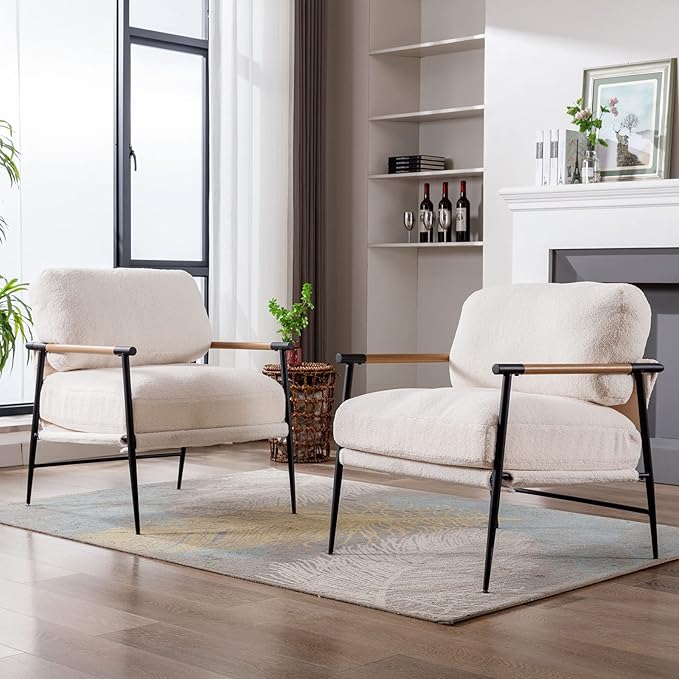 DUOMAY Mid-Century Modern Accent Chair, Comfy Sherpa Sofa Lounge Chair Reading Corner Chair for Living Room Bedroom Office, Mid-Back Arm Chair with Black Metal Leg, White