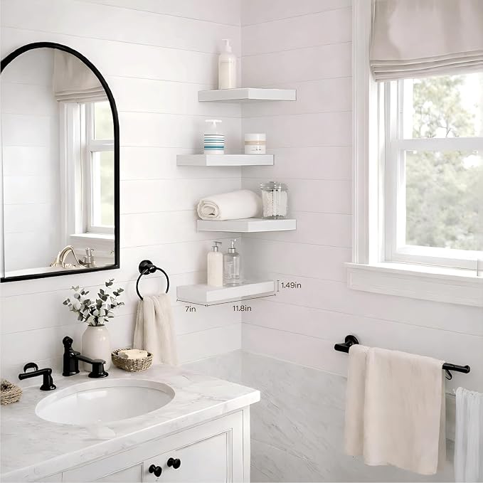 Floating Shelves for Wall Set of 2, White 11.8 Inch Small Wall Shelves for Bathroom Over Toilet, Bedroom & Apartment Storage, Wall Mounted Display Shelves for Decor & Toiletries