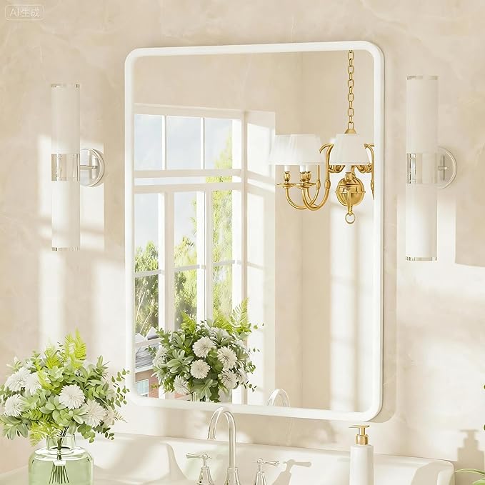 24x36 inch White Bathroom Mirror, White Metal Framed Rounded Rectangle Wall Mount Vanity Mirror, HD Tempered Glass, Aluminum Frame, Horizontal or Vertical Hanging, Modern Home Decor