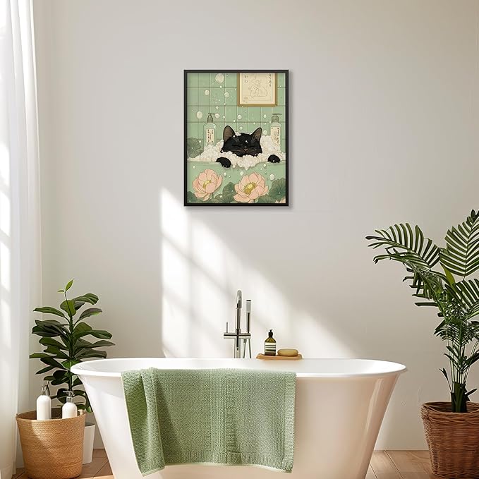 Black Cat in Bathtub Poster Vintage Japanese Bathroom Wall Art 08x10 inch Black Framed Funny Cute Animal Canvas Prints for Bedroom Restroom Toilet Wall Decor