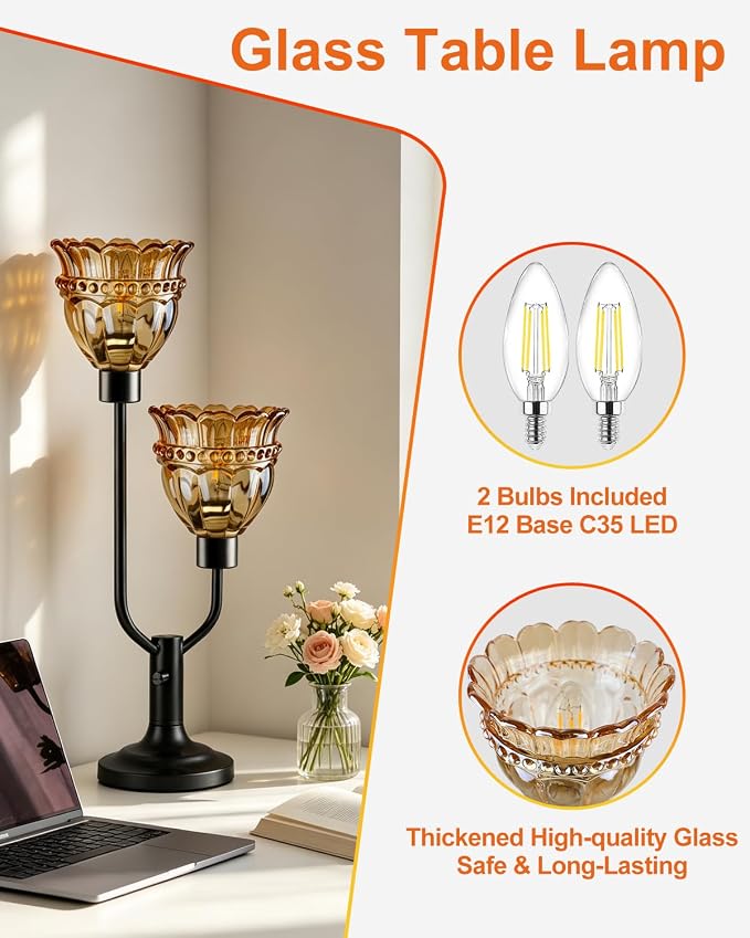 Lightdot Vintage Table Lamp for Living Room Dimmable Mid Century Modern Black Desk Lamp Amber Glass Nightstand Lamp 2 Bulbs Included Warmwhite Ambient Bedside Lamps for Bedroom Home Office Decor Gift