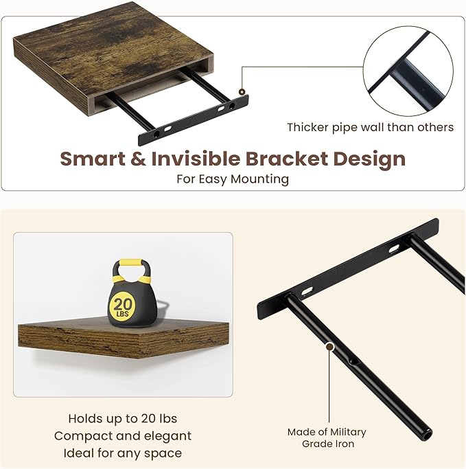 Fun Memories Floating Shelves for Wall - 7.5 Inch Square Shelves with Invisible Brackets, Small Wall Shelf for Living Room, Bathroom, Bedroom, and Kitchen Decor，Brown Set of 3
