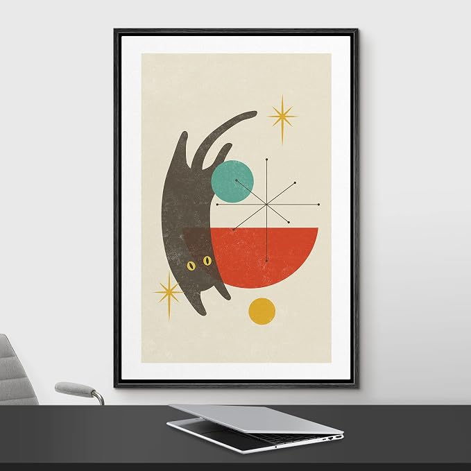 Woodrose Framed Canvas Print Wall Art Geometric Symbol Cartoon Black Cat Animals Shapes Illustrations Modern Minimalist Chic Relax/Calm Multicolor for Living Room, Bedroom, Office - 24"x36" Black