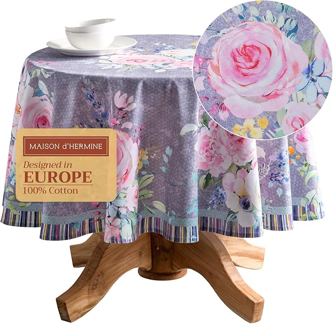 Maison d' Hermine Table Cloth Round Table 100% Cotton 69 Round Inches Tablecloth Reusable Decorative for Dining Room Farmhouse Home Valentines Day Decorations Spring Summer- Sweet Rose Lavender - Lush