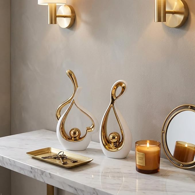 White Gold Abstract Ceramic Sculpture Set of 2, Modern Statues for Living Room Shelf Coffee Table Decor, Mid Century Art Deco Centerpiece, Glossy Decor for TV Stand Dining Table Mantel Entryway