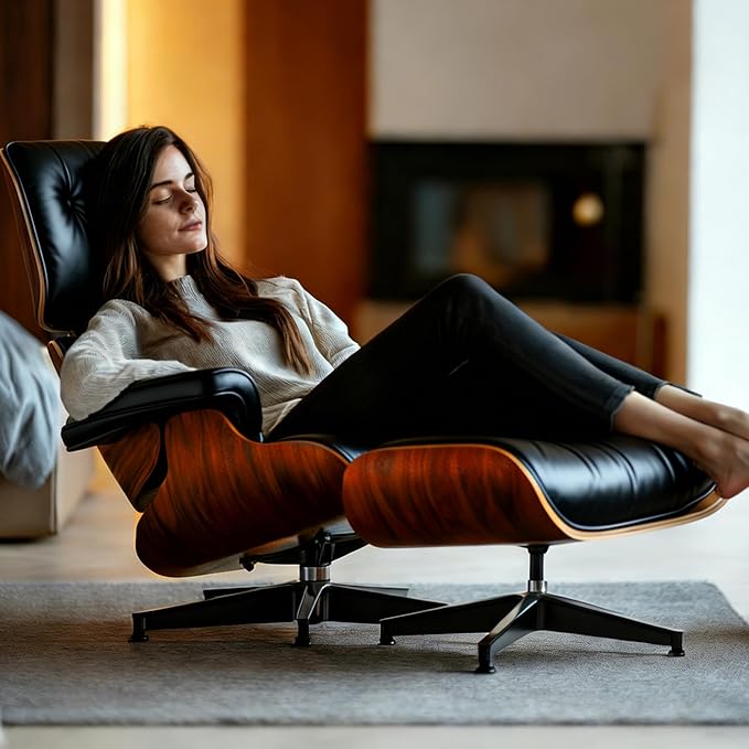 Mid-Century Genuine Top Grain Leather Chaise Lounge Chair & Ottoman, Rosewood Base, Modern Classic Design for Living Room & Office