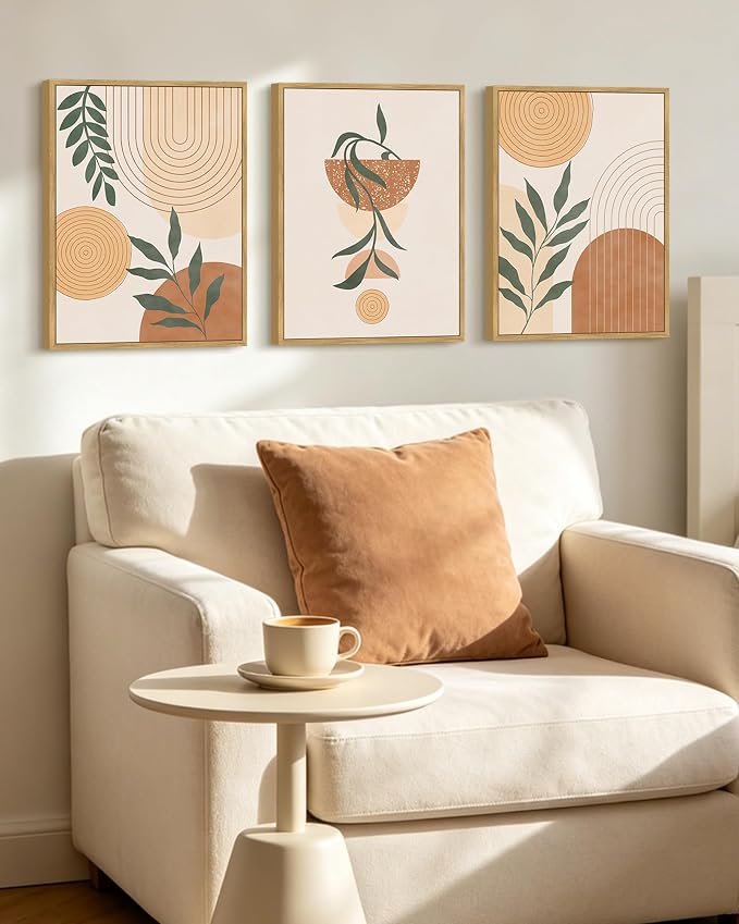 KUVIOKE Boho Wall Art Framed Canvas Botanical Mid Century Modern Wall Printing Neutral Abstract Geometric Prints Bohemain Sage Decor for Farmhouse Living Dining Room 12x16in (Natural Framed)