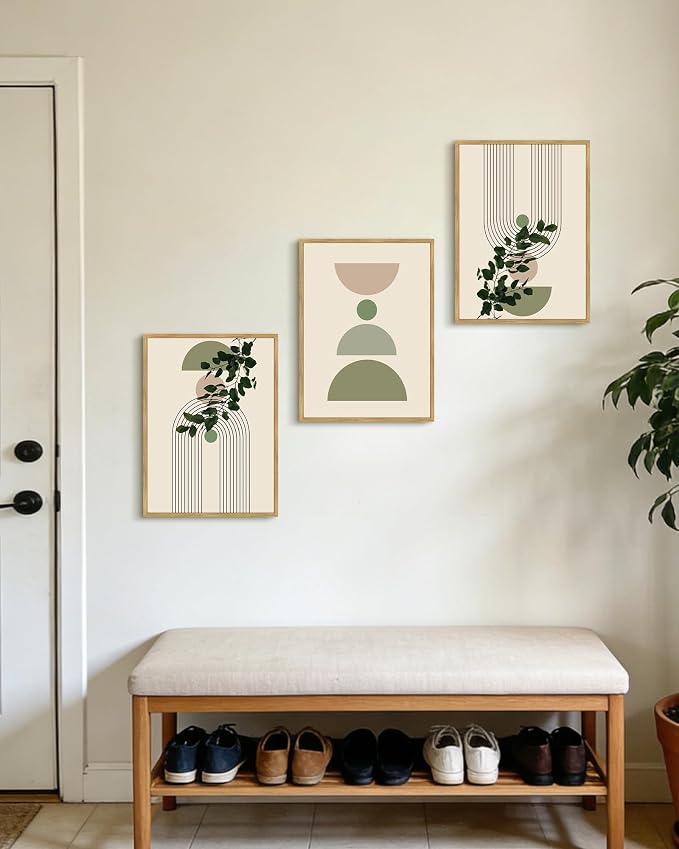 Drsoum Green Botanical Plant Wall Decor Framed Modern Boho Sage Wall Art Abstract Geometry Lines Prints Ready to Hang 11x14in Natural Framed
