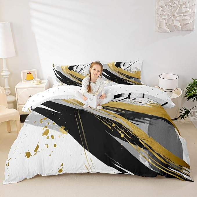 Erosebridal Black and White Golden Duvet Cover Twin - Geometric Decorative Abstract Bedding Sets Striped Bed Set for Boys Adults Girls Minimalists Graffiti Aesthetic Lines Bed Cover