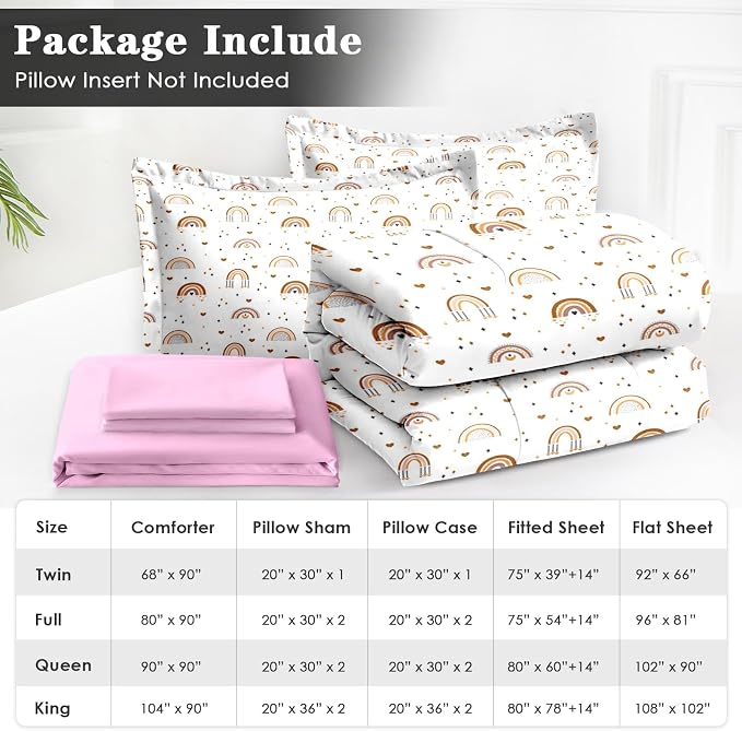 WeCozy 7 Pcs Full Size Comforter Set with 2 Pillowcases & 2 Shams, Cute Boho Rainbow Bedding for Kids and Adults, Cartoon Bohemian Nursery Bed in a Bag with Flat Fitted Sheet