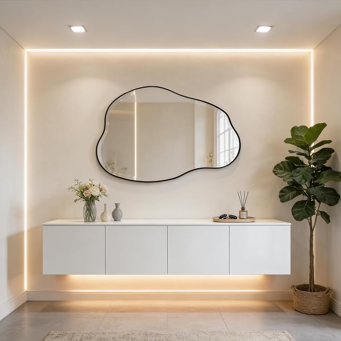 POZINO Irregular Beveled Mirror, 42"x28" Asymmetrical Vanity Wall Mirror with Metal Frame, Organic Shape Mirrors for Entryway Bathroom Living Room Bedroom Hallway, Horizontal or Vertical Hanging