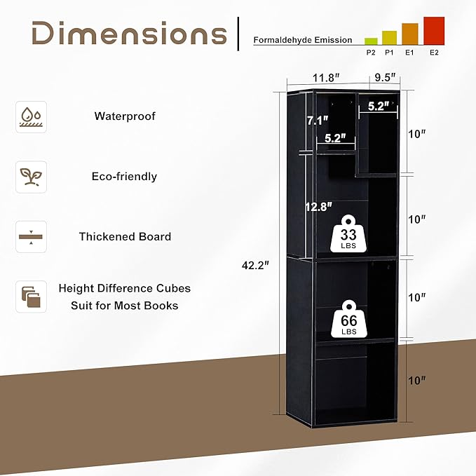 VECELO 4-Tier Slim Bookcase, Modern Storage Cabinet, Slim Bookshelf, Fits Tallest Hardcover, 5 Cubes, Vertical or Horizontal, Easy Assembly, Vintage Black