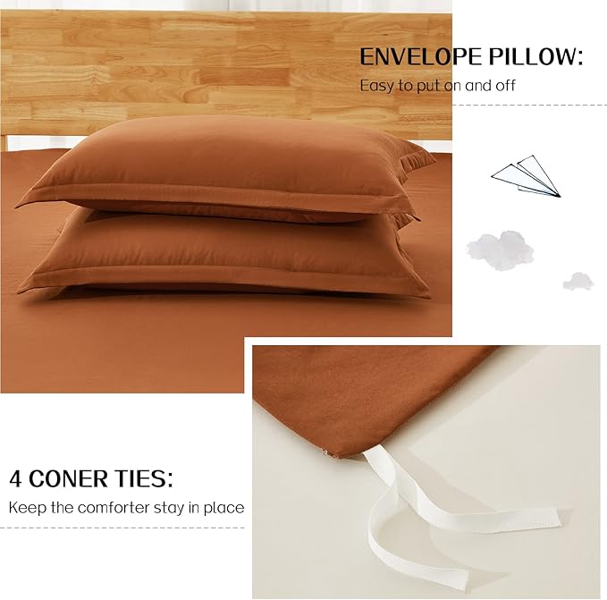 Dreaming Wapiti Duvet Cover Queen,Washed Microfiber Terracotta Queen Size Duvet Cover Set,Solid Color - Soft and Breathable with Zipper Closure & Corner Ties (Terracotta,Queen)