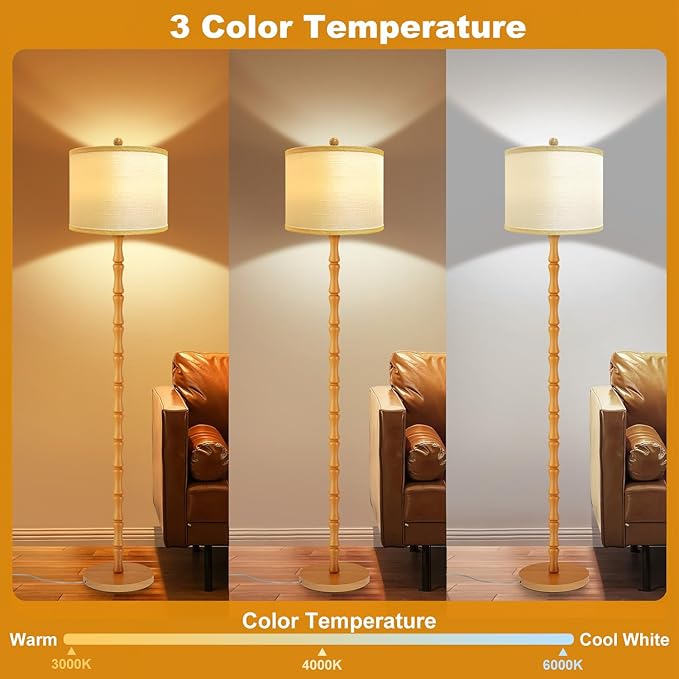 Vinaco 64" Rustic Farmhouse Floor Lamp, 3 Color Temperatures Wood Floor Lamp, Retro Standing Lamps with Rotary Switch, Tall Lamps for Living Room, Bedroom CornerOffice, Dining Room(9W Bulb Included)
