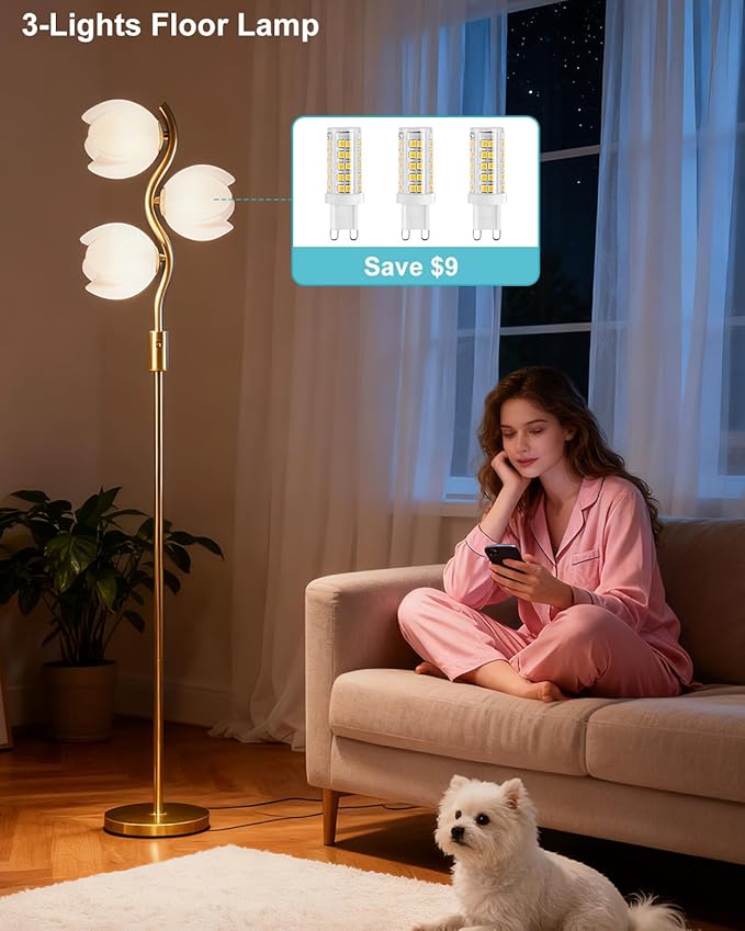 Lightdot 62IN Gold Floor Lamp Stepless Dimmable Bud-Shaped Floor Lamps with 3Pcs 3000K G9 Bulbs Included Eye-Friendly Mid Century Standing Lamps for Living Room/Bedroom/Sofa Beside/Corner Decor