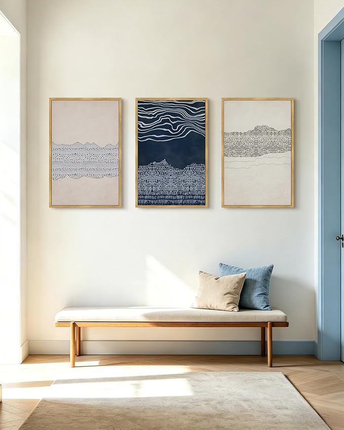 KUVIOKE Navy Blue Abstract Framed Wall Art Modern Neutral Minimalist Wooden Pastel Boho Wall Decor Farmhouse Rustic Art Painting Home Decor 24x36in (Natural Framed)