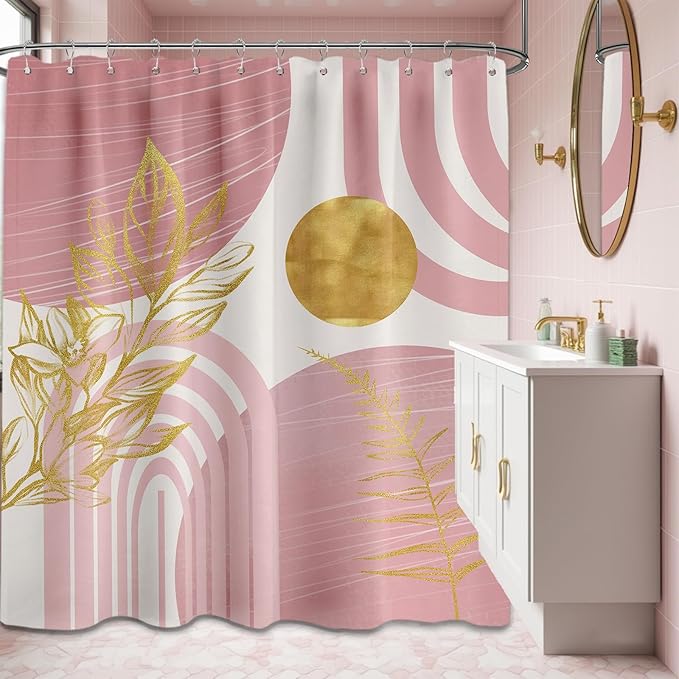 Blush Pink and Gold Shower Curtain Boho Mid Century Light Pink and White Shower Curtains for Bathroom Decor, Waterproof Cloth Fabric with Hooks, 70" W x 78" L