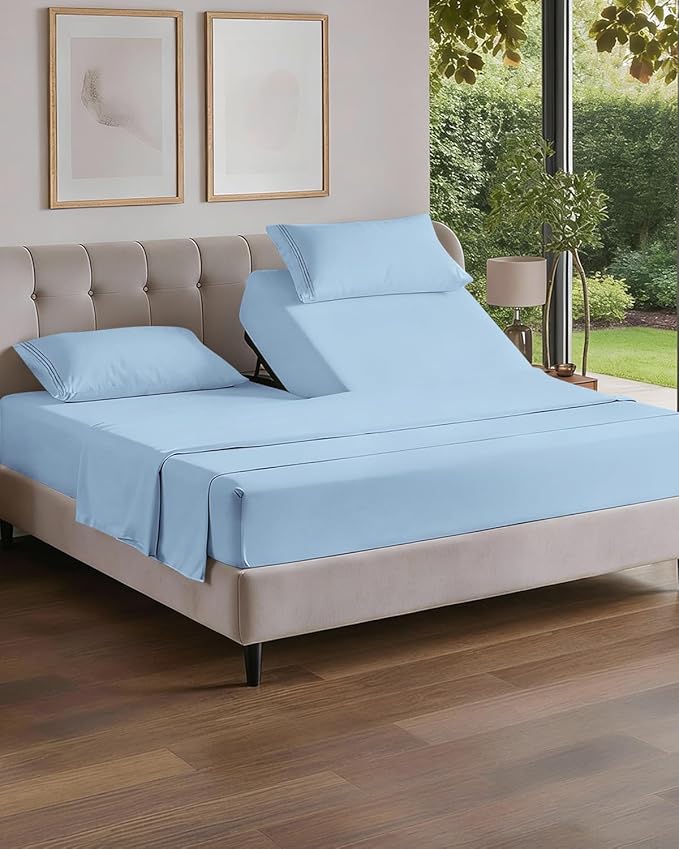 Flex Top Split Head King 4 Piece Sheet Set - Soft, Breathable & Cooling Bed Sheets Set - Hotel Luxury Bedding for Women & Men with Deep Pockets - Wrinkle Free & Fade Resistant - Oeko-Tex - Sky Blue