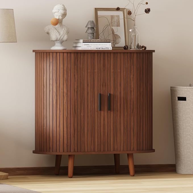 31.5" Fluted Sideboard Buffet Cabinet with Tambour Storage Oval Curved Accent Console Table for Dining Room Kitchen Living Room (Walnut)