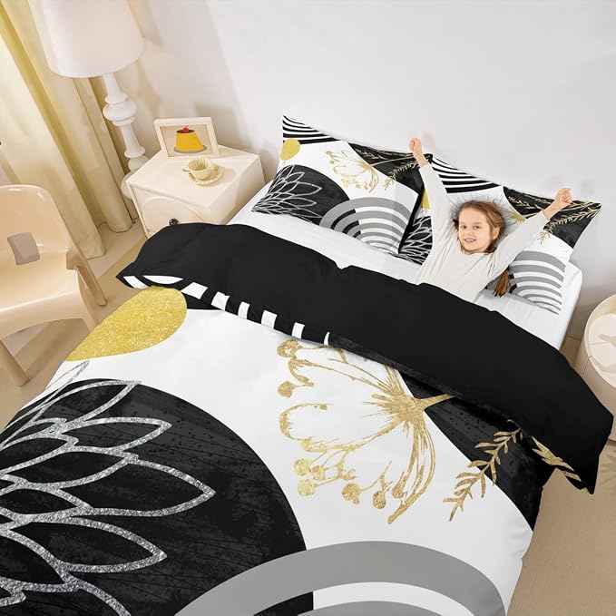Erosebridal Mid Century Modern Queen Comforter Cover for Kids Teens Adults - Black and White Abstract Duvet Cover Boho Minimalist Aesthetic Bed Set Chic Modern Geometric Bohemian Floral Bedding Set