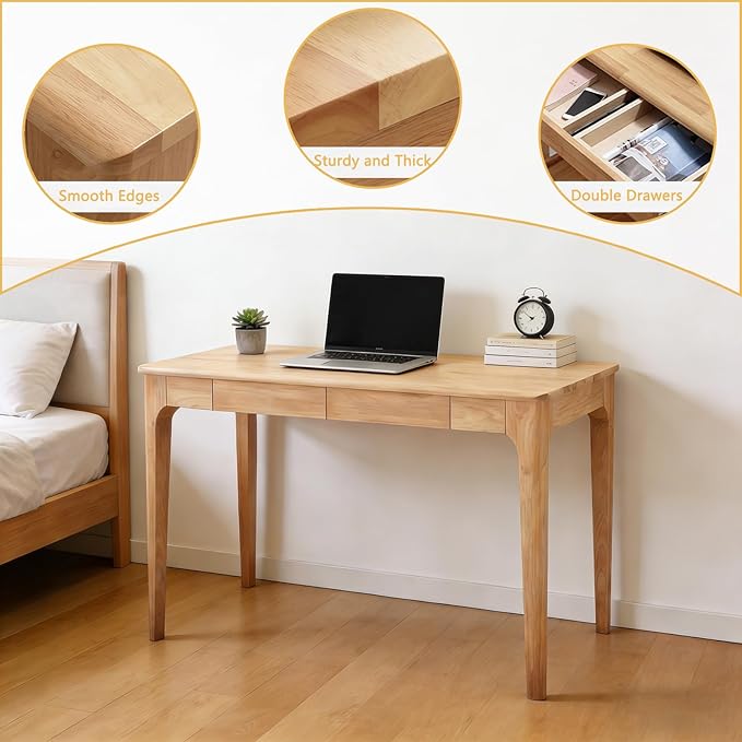 Solid Small Wood Desk with Storage, Wooden Writing Desk with Drawers, Mid Century Modern Desk for Bedroom & Small Spaces/Home Office (Wood)