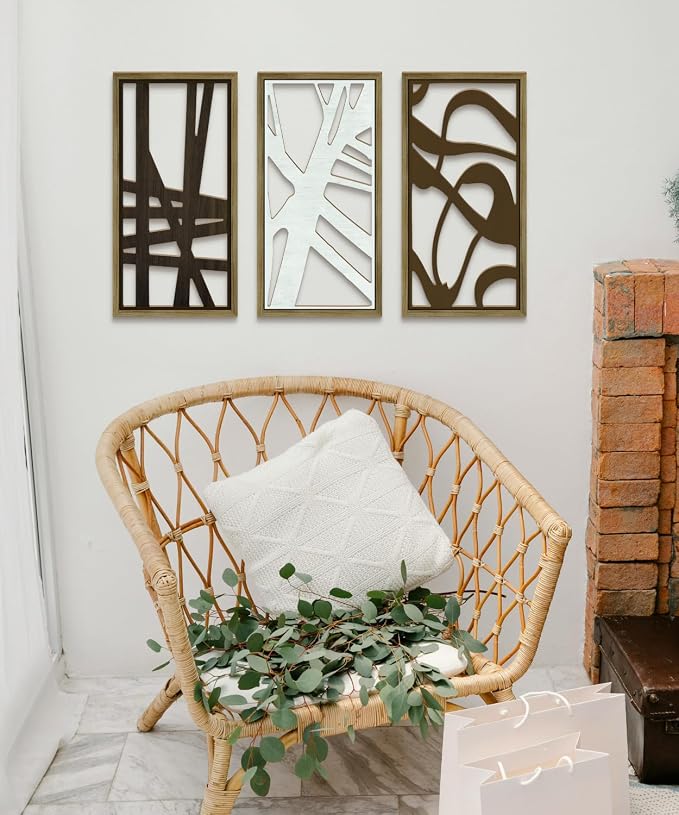 Putuo Decor 3PC Geometric Abstract Art Wall Decor Set, Modern Minimalist Line Cut Wall Art for Living Room, Brown and White Wooden Frame Abstract Wall Decor for Bedroom and Home Decoration