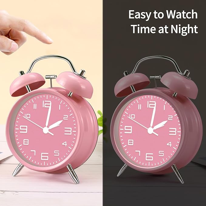 pxy Loud Alarm Clock for Heavy Sleepers 3D Dial Battery Operated (Battery Include), 4" Super Silent Analog Alarm Clock for Kids with Night Light PT260 Silver OrangePT505 Pink