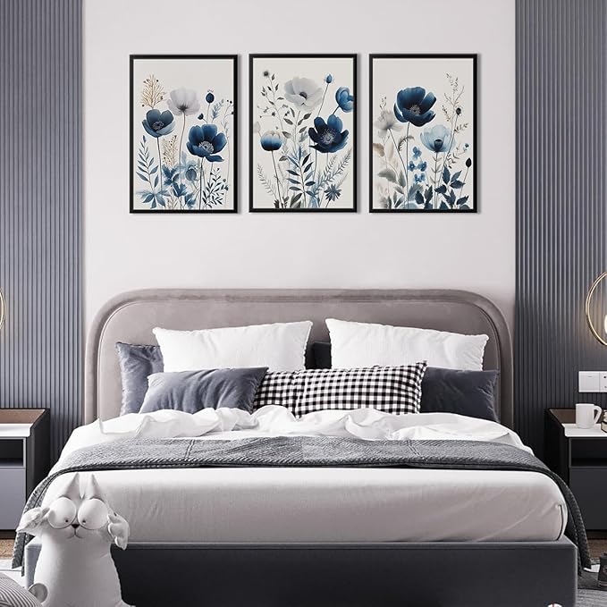 BingruiArt Navy Blue Wall Art Canvas Abstract Floral Painting Blue and Gray Posters Watercolor Flower Decor Wildflower Pictures Botanical Prints for Living Room Bedroom Bathroom 3 Pcs 16"x24" Black Framed