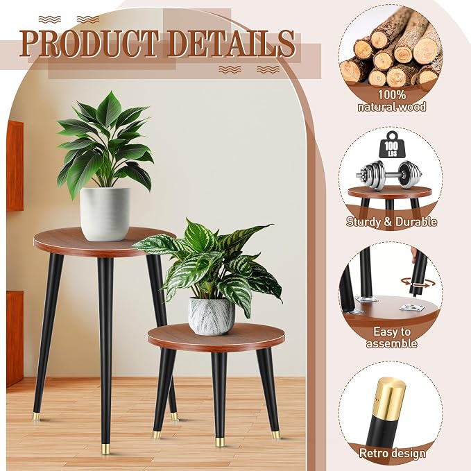 Briwooody 2 Pcs Indoor Plant Stand Mid Century Vintage Wood Modern Flower Pots Holder Round Side Table End Table Plant Stools for Living Room Corner Balcony Decor(Walnut Wood Color)