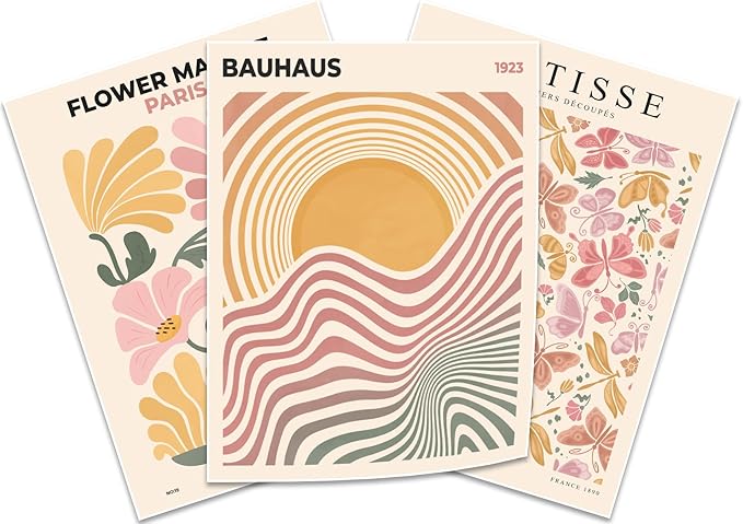 BingruiArt Boho Abstract Wall Art Yellow Canvas Flower Market Posters Set of 3 Bauhaus Pictures Matisse Print Floral Aesthetic Painting Decor for Dorm Living Room Bedroom 12"x16" Unframed