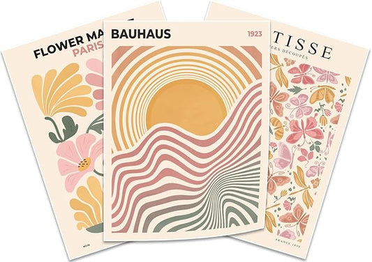 BingruiArt Boho Abstract Wall Art Yellow Canvas Flower Market Posters Set of 3 Bauhaus Pictures Matisse Print Floral Aesthetic Painting Decor for Dorm Living Room Bedroom 16"x24" Unframed