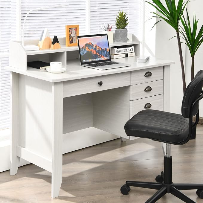48" Vintage Computer Desk with 4 Storage Drawers & Top Hutch, Home Office Workstation with Drawer & Monitor Stand, Wooden Study Work Writing Table (White)