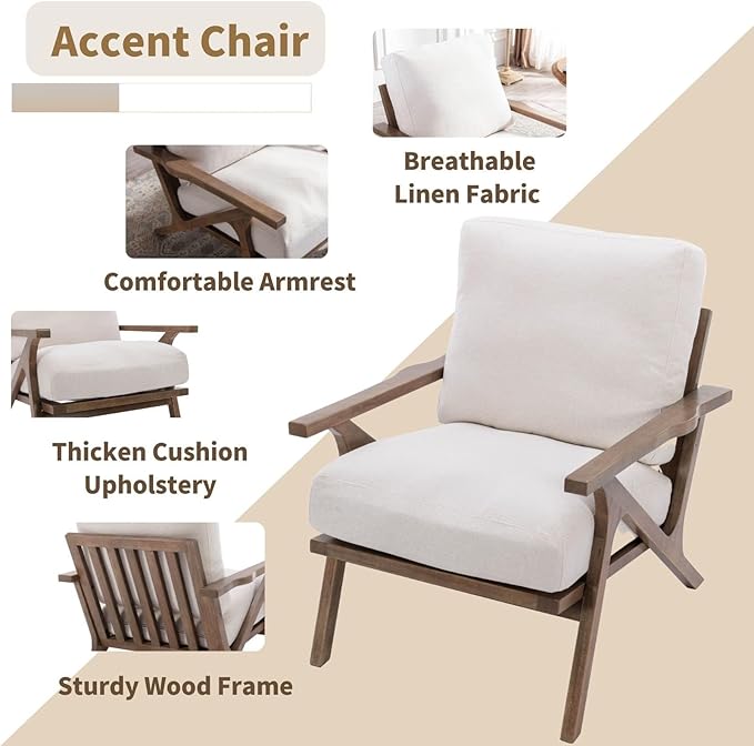 HNY Mid Century Modern Accent Chair with Ottoman, Farmhouse Linen Upholstered Living Room Armchair and Ottoman Set, 23" Seat Wide Retro Leisure Lounge Chair with Wood Frame for Home, Bedroom, White