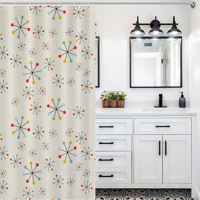 Mid Century Atom Pattern Shower Curtains, Colorful Retro Abstract Geometry Fashion Artistic Washable Waterproof Fabric for Bathroom Decor Bathtub with 12 Hooks 55x72in（140x183cm）