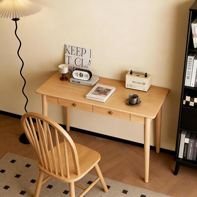 Mid Century Modern Desk, Wood Home Office Computer Desk with 2-Drawers, Vintage Writing Desk Workstation for Study, Bedroom(47.2 inch, Natural)