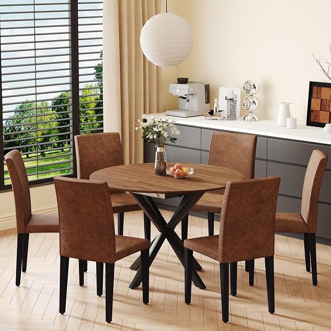 Round Dining Table Set for 6, 43-59" Extendable Dining Room Table Set, Walnut Wood Grain Table and 6 Brown Suede Upholstered Chairs Set, Mid Century Modern Kitchen Table Set with Cross Legs
