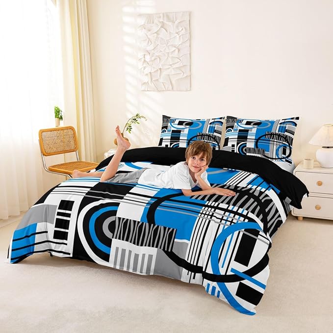 Erosebridal Art Deco Mid Century Duvet Cover Set Retro Modern Abstract Geometric Queen Bedding Set for Teenage Boys Black and White Blue Circles Stripes Comforter Cover Contemporary Bed Sets