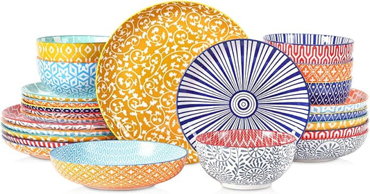 Selamica Ceramic Plates and Bowls Sets,24 Pieces Dinnerware Sets for 6,Scratch Resistant Dish Set for holiday gathering,Dishwasher & Microwave Safe, Assorted Colors