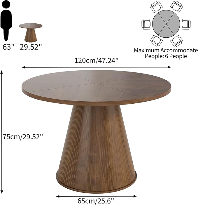 47 inch Round Dining Table for 4-6, Circle Kitchen Table with Sturdy Tapered Base, Mid Century Modern Fluted Dining Tables for Dining Room, Kitchen, Living Room (Walnut, 47inch)