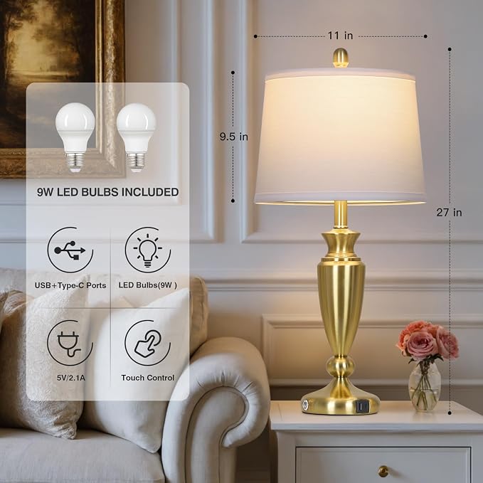 Rinweey 27'' Gold Table Lamps for Living Room with White Lampshade, 3 Way Touch Control Bedside Lamps Set of 2 with USB A+C Ports, Modern Metal Nightstand Lamp for Bedroom Office End Table