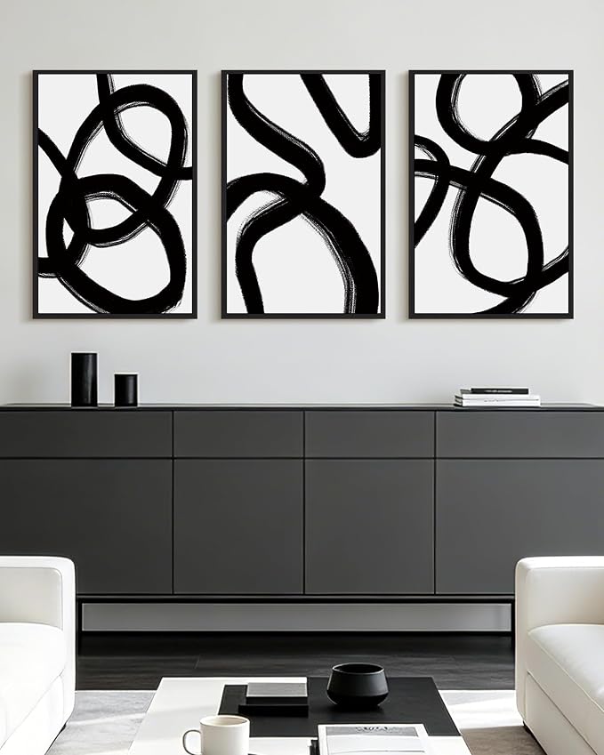 KUVIOKE Black and White Abstract Framed Wall Art Ink Wash Minimalist Lines Painting Artwork for Bedroom Hallway 16x24in (Black Framed)