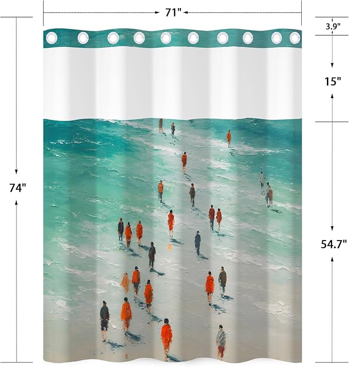 No Hook Shower Curtain with Snap in Liner, Beach Scene Abstract Coastal Art Print, Waterproof Fabric Bath Curtain with See Through Top, Modern Ocean Vibe Bathroom Decor, 71W x 74H