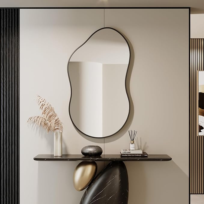 Irregular Wall Mirror - 20''×36'' Asymmetrical Decorative Tempered Glass Aluminum Alloy Framed Mirrors Cloud Mirror Wavy Mirrors for Bathroom, Bedroom, Living Room, Entryway（Black）