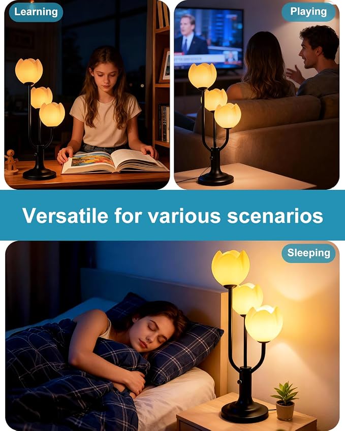 Lightdot Flower Table Lamp for Living Room Modern 3-Light Modern Mid Century Cute Desk Lamp 3000K Warmwhite Dimmable Bedside Nightstand Lamp for Bedroom Reading-Black