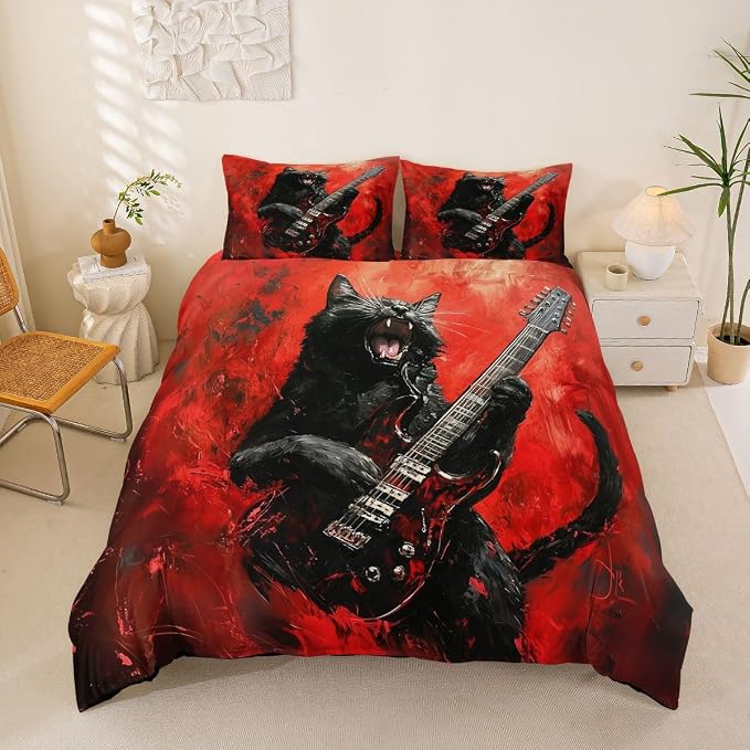 Erosebridal Rock Music Duvet Cover Queen Rock Black Cat Guitar Bedding Set Punk Music Lovers Room Decor Comforter Cover,Trendy Oil Painting Bed Set