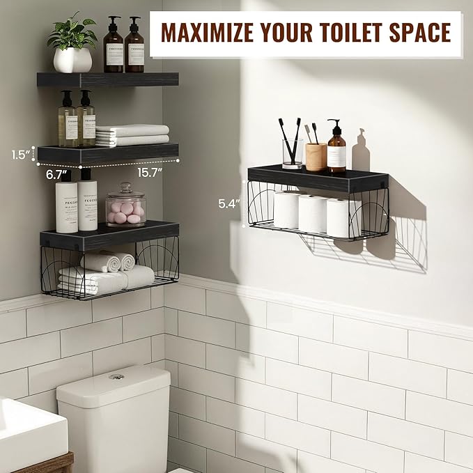 4 Pack Wall Mounted Rustic Wood Floating Shelves with 2 iron Hanging Baskets, Bathroom Shelves Over Toilet, Toilet Paper Storage, Farmhouse Decor Hanging Shelf for Living Room, Kitchen, 16 inch, Black
