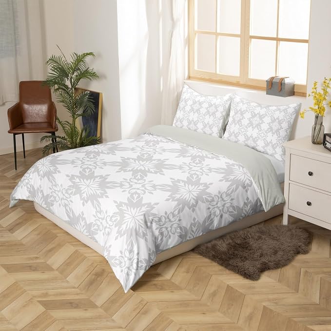 Grey Geometric Floral Comforter Cover Full for Kids Boys Girls,Classical Damask Flower Duvet Cover,Retro Vintage Art Bedding Set,Mid Century Aesthetic Bed Set with 2 Pillowcases Bedroom Decor